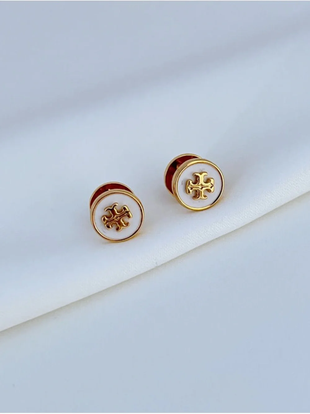 Tory Burch Gold and White Enamel Logo Round Stud Earrings